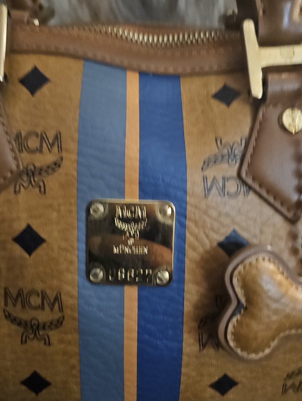MCM Cognac Visetos Boston Satchel with Blue Stripe - Picture 3 of 9